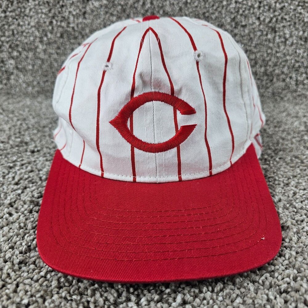 Vintage Cincinnati Reds Hat Cap Snap Back White Pin Stripe Logo MLB Y2K 90s